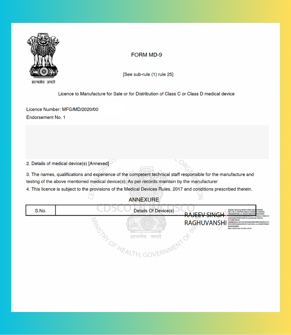 CDSCO MD-9 License for Class C and D Medical Devices